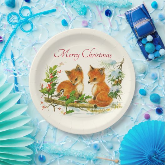 Cute Vintage Foxes Retro Christmas Pappteller (Party)