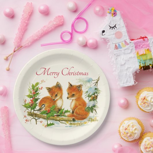 Cute Vintage Foxes Retro Christmas Pappteller (Party)