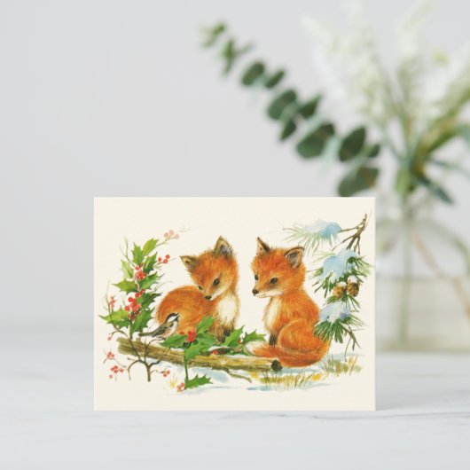 Cute Vintage Foxes Retro Christmas Postkarte (Stehend Vorderseite)