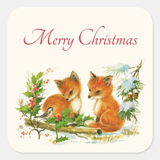 Cute Vintage Foxes Retro Christmas Quadratischer Aufkleber (Vorderseite)