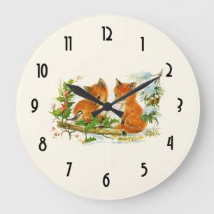 Cute Vintage Foxes Retro Christmas Scene Große Wanduhr