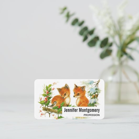 Cute Vintage Foxes Retro Christmas Visitenkarte (Stehend Vorderseite)
