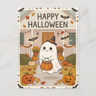 Cute Vintage Halloween Ghost & Pumpkins Postcard Postkarte