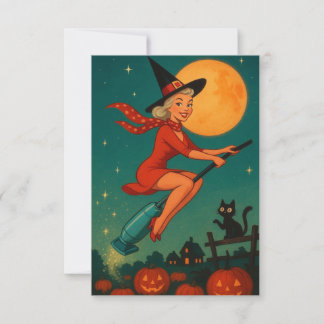 Cute Vintage Halloween Witch On Broom