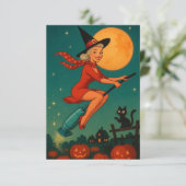 Cute Vintage Halloween Witch On Broom (Stehend Vorderseite)