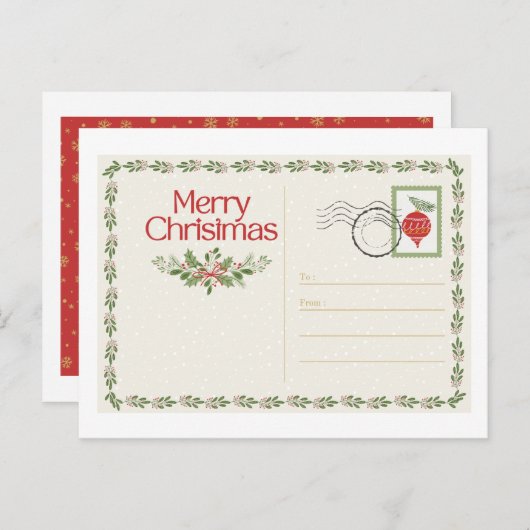 Cute Vintage Red & Green Merry Christmas Postcard Postkarte (Vorne/Hinten)
