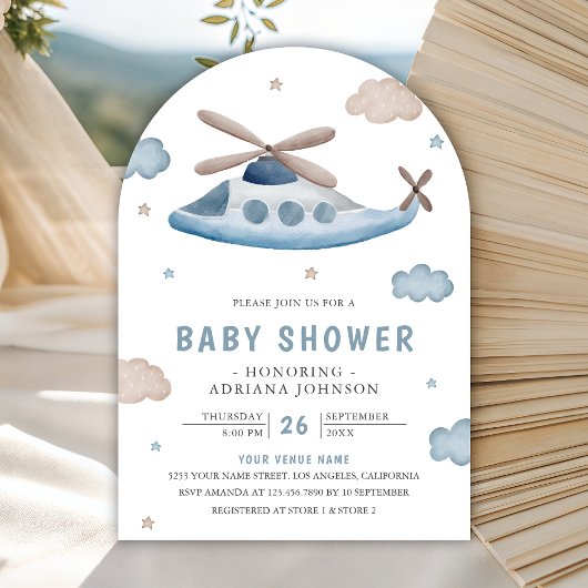 Cute Vintage Retro Blue Helicopter Baby Shower Einladung