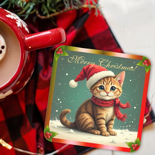 Cute Vintage Tabby Cat Christmas Getränkeuntersetzer