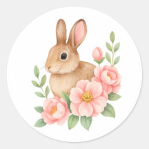 Cute Watecolor Bunny and Pink Flowers Birthday 