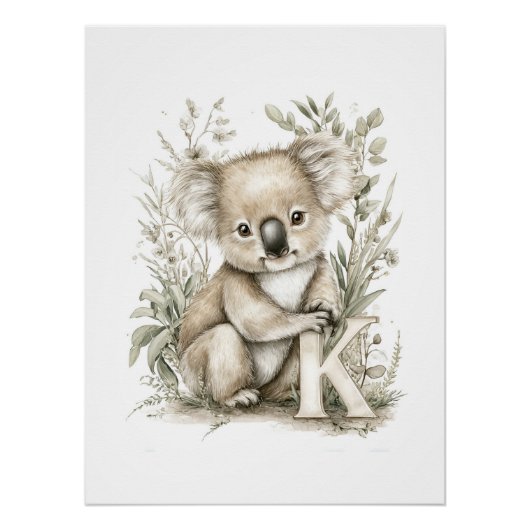 Cute Watercolor Baby Animals with Alphabet Letters Poster (Vorderseite)