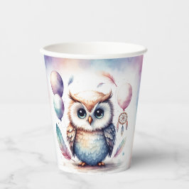 Cute Watercolor Baby Owl Balloons Birthday Paper Pappbecher