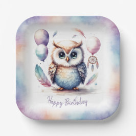 Cute Watercolor Baby Owl Balloons Birthday Paper Pappteller