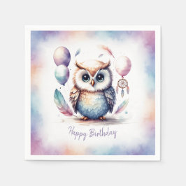 Cute Watercolor Baby Owl Balloons Birthday Paper Serviette