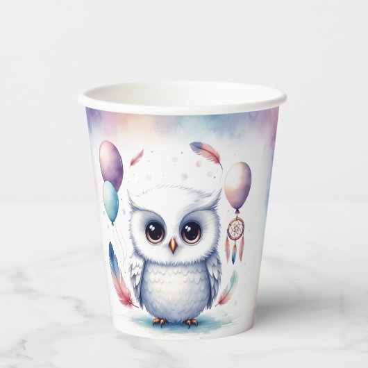 Cute Watercolor Baby Owl Balloons Birthday Pappbecher (Vorderseite)