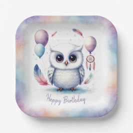 Cute Watercolor Baby Owl Balloons Birthday Pappteller
