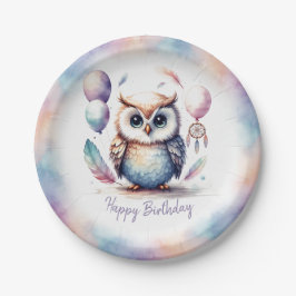 Cute Watercolor Baby Owl Balloons Birthday Pappteller