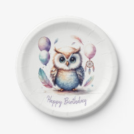 Cute Watercolor Baby Owl Balloons Birthday Pappteller