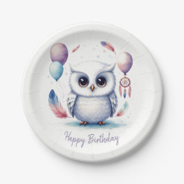 Cute Watercolor Baby Owl Balloons Birthday Pappteller