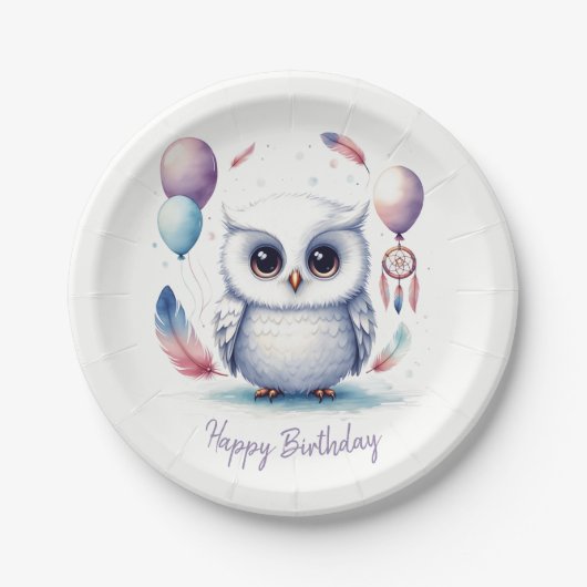 Cute Watercolor Baby Owl Balloons Birthday Pappteller (Vorderseite)