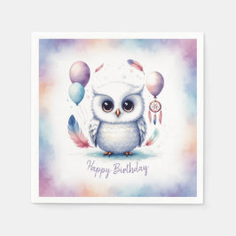 Cute Watercolor Baby Owl Balloons Birthday Serviette