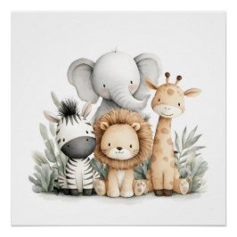 Cute Watercolor Baby Safari Animals Group Print Poster