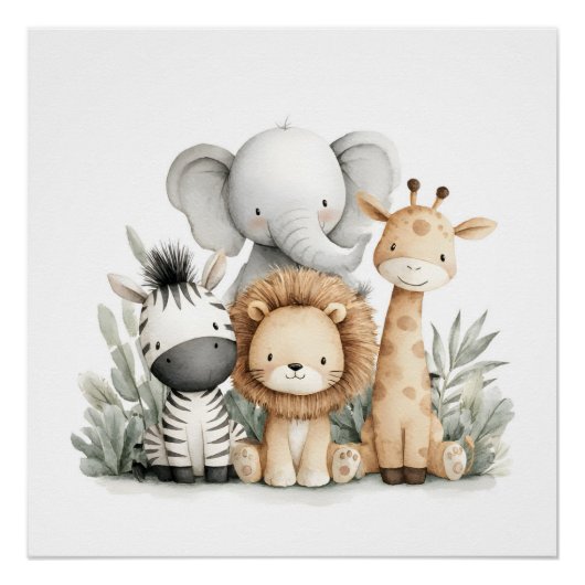 Cute Watercolor Baby Safari Animals Group Print Poster (Vorderseite)