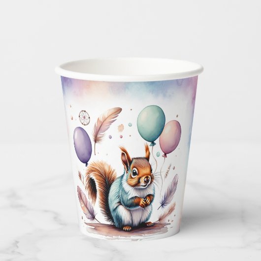 Cute Watercolor Baby Squirrel Balloons Birthday Pappbecher (Vorderseite)