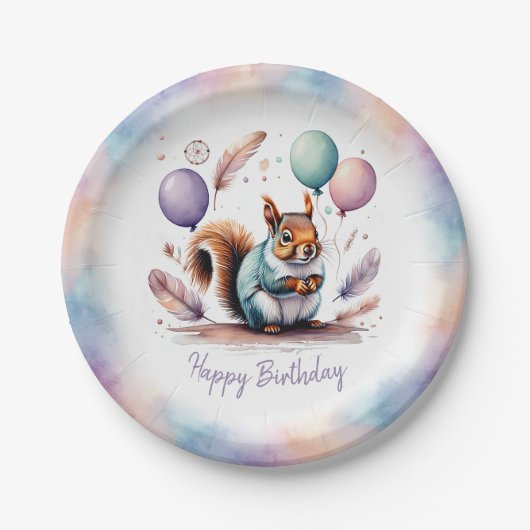 Cute Watercolor Baby Squirrel Balloons Birthday Pappteller (Vorderseite)