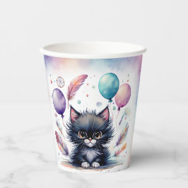 Cute Watercolor Black Kitten Balloons Birthday Pappbecher
