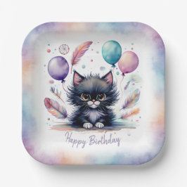 Cute Watercolor Black Kitten Balloons Birthday Pappteller