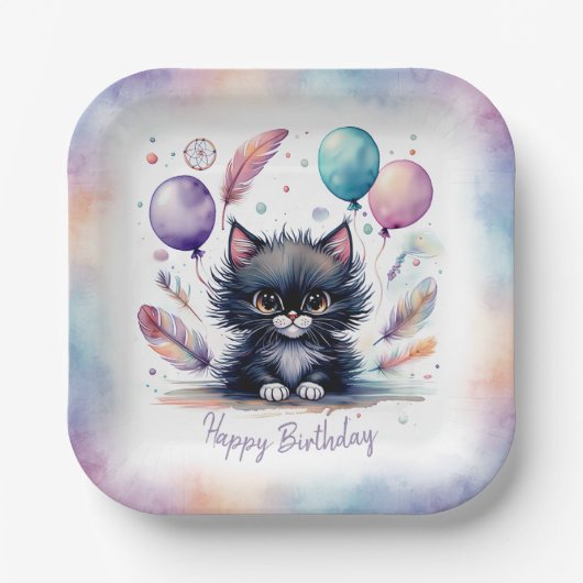 Cute Watercolor Black Kitten Balloons Birthday Pappteller (Vorderseite)