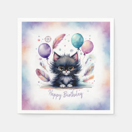 Cute Watercolor Black Kitten Balloons Birthday Serviette