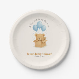 Cute Watercolor Blue Balloon Bear Baby Shower Pappteller