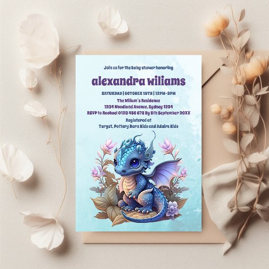 Cute Watercolor Blue Dragon Baby Shower Einladung