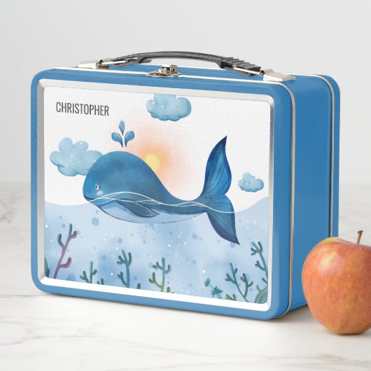 Cute Watercolor Blue Whale and Ocean Waves  Metall Brotdose (Beispiel)