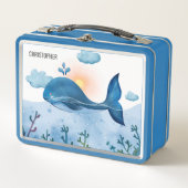 Cute Watercolor Blue Whale and Ocean Waves  Metall Brotdose (Vorderseite)