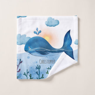 Cute Watercolor Blue Whale & Ocean Baby  Waschlappen