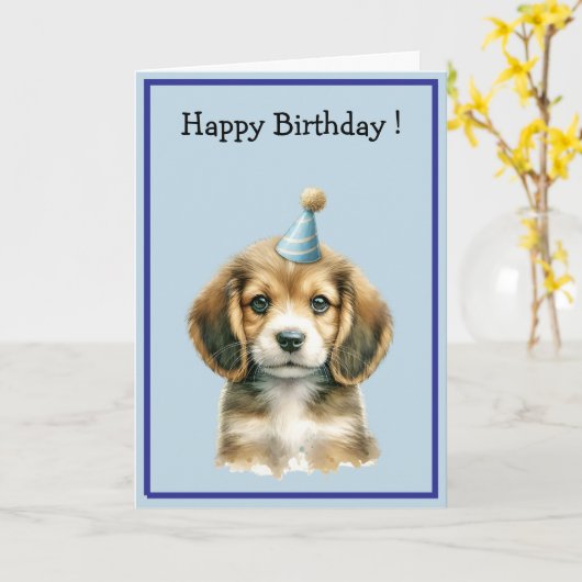 Cute Watercolor Brown Puppy Dog Happy Birthday Karte (Gelbe Blume)