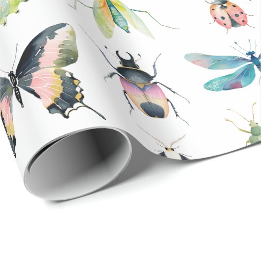 Cute Watercolor Bugs & Insects Girl Birthday Geschenkpapier (Rolleneckpunkt)