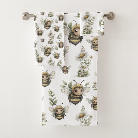 Cute Watercolor Bumblebee Design | Soft Pastel Bee Badhandtuch Set (Insitu)