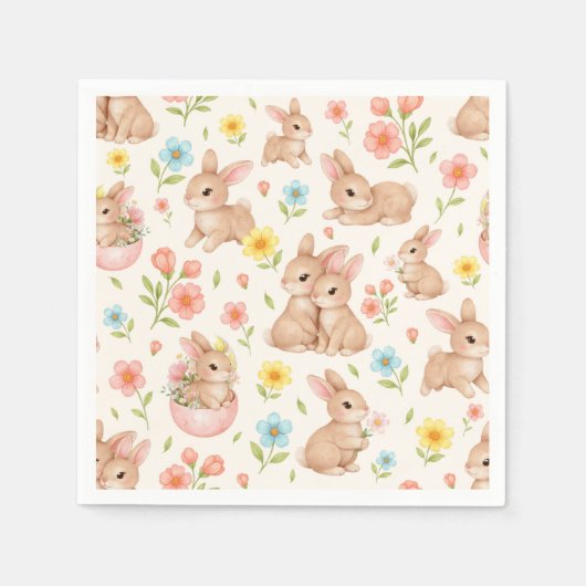 Cute Watercolor Bunnies & Flowers Pattern Serviette (Vorderseite)