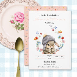 Cute Watercolor Bunny 1st Birthday Invitation Einladung