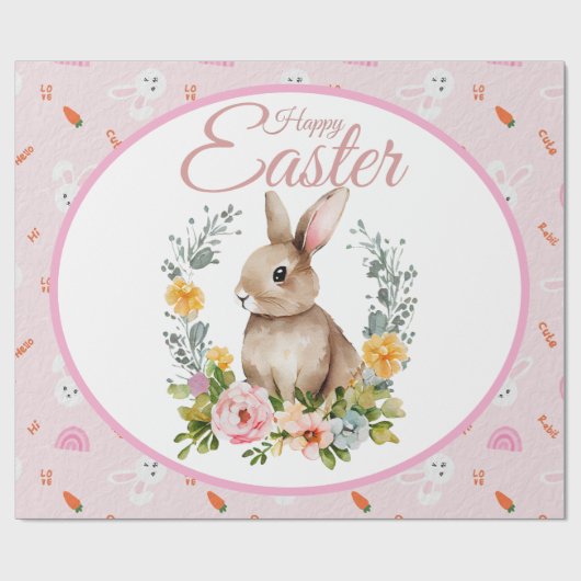 Cute Watercolor Bunny Floral Wreath Easter Geschenkpapier (Flach)
