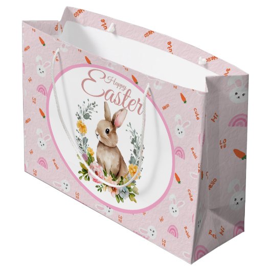 Cute Watercolor Bunny Floral Wreath Easter Große Geschenktüte (Rückseite Schrägansicht)
