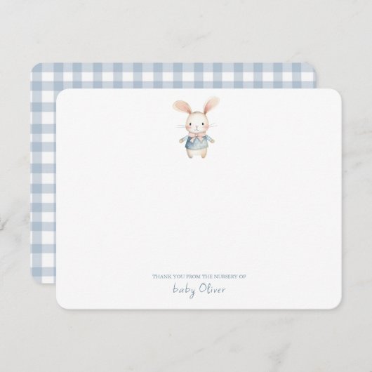 Cute Watercolor Bunny Gingham Flat Vielen Dank Dankeskarte (Vorne/Hinten)