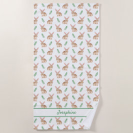 Cute Watercolor Bunny Pattern With Custom Name Strandtuch