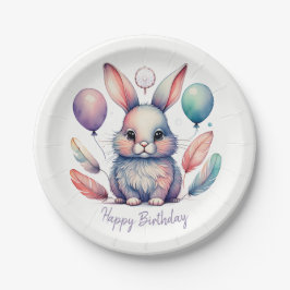Cute Watercolor Bunny Rabbit Balloons Birthday Pappteller