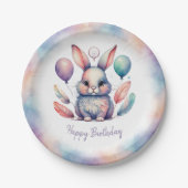 Cute Watercolor Bunny Rabbit Balloons Birthday Pappteller (Vorderseite)