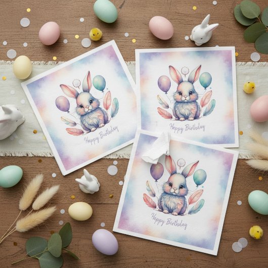 Cute Watercolor Bunny Rabbit Balloons Birthday Serviette
