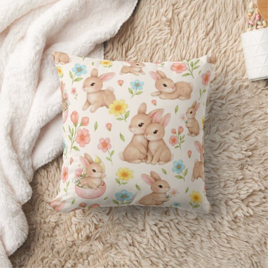 Cute Watercolor Bunny & Spring Flowers Pattern Kissen (Decke)